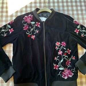 A.N.A. Womens Velvet Jacket Size L Black Full Zip Pockets Rose Embroidery Lined